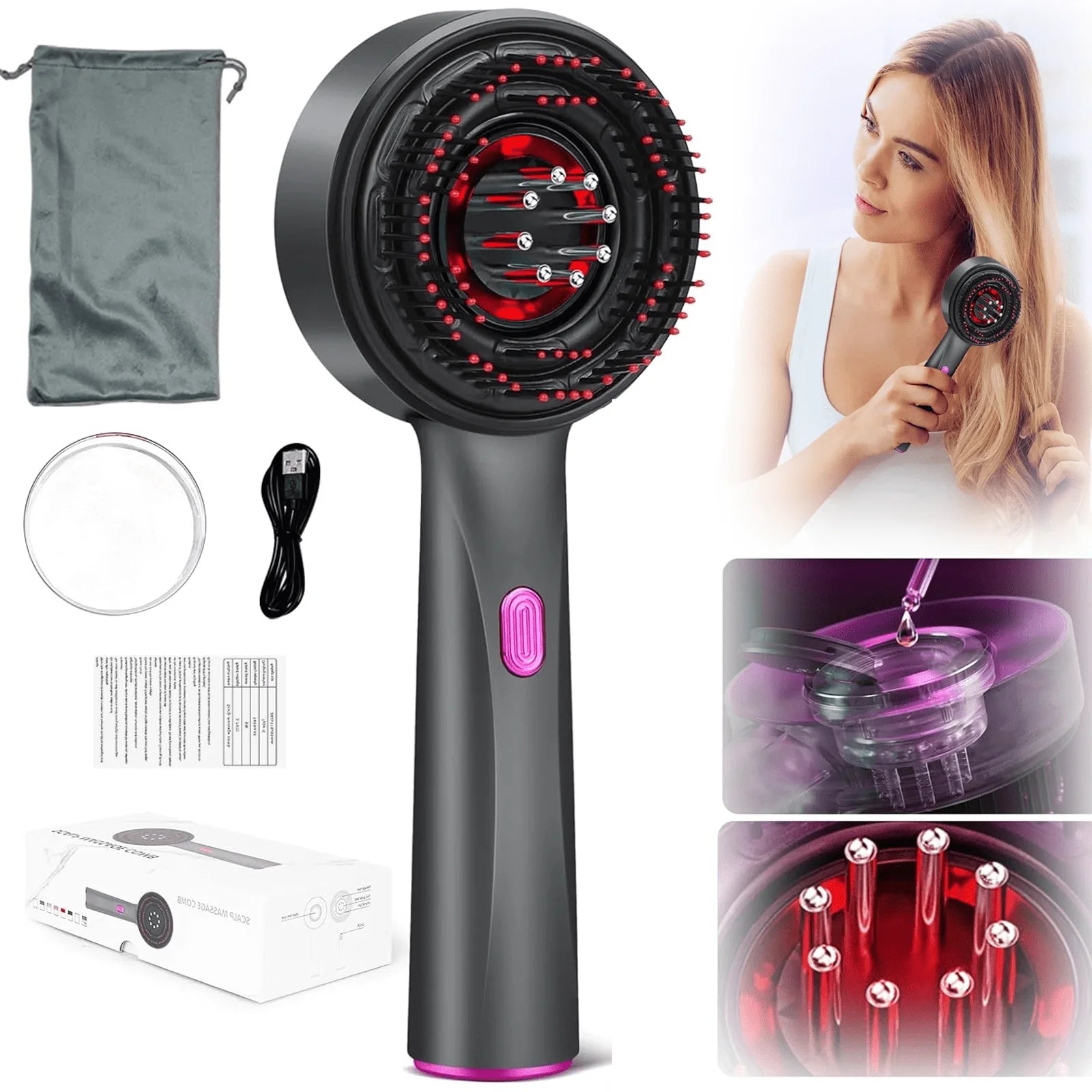 Red Multi-Function Electric Scalp Massage Comb for Hair,3 in 1Electric Scalp Massager and Hair Oil Applicator,Electric Scalp Massager Brush,Ipx7 Waterproof Scalp Oil Applicator